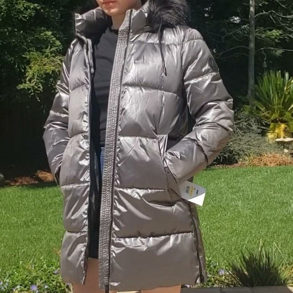 dkny silver puffer coat